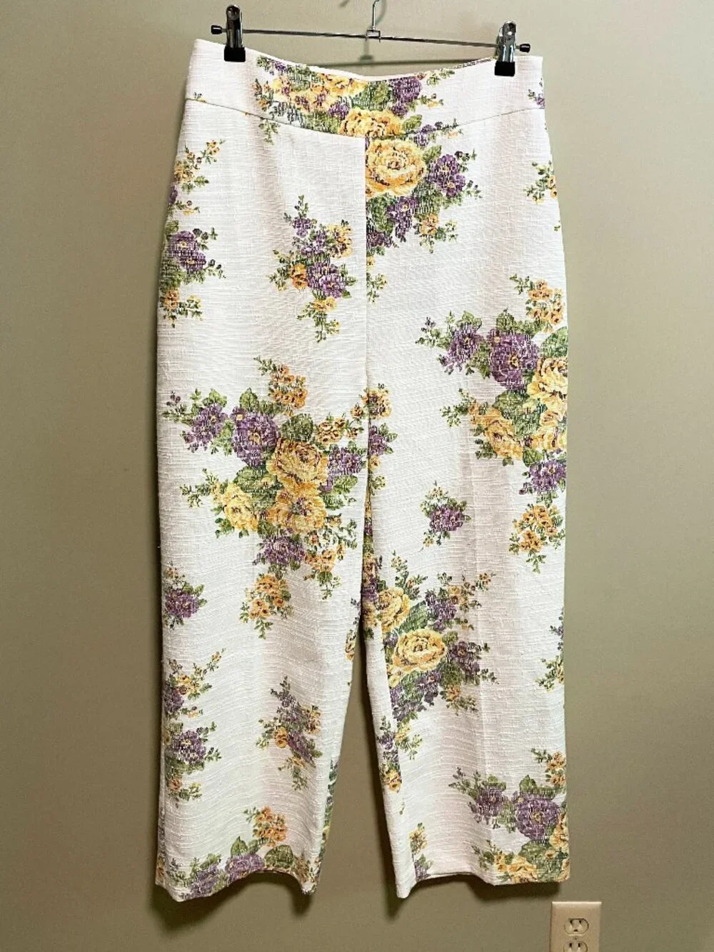 EUC Sezane Jenson Floral Wide Leg Trousers Ecru Yellow Purple 42, US 10